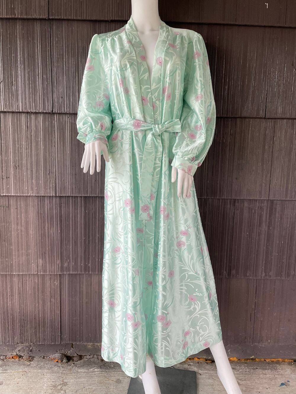Vintage 80s Lorraine USA Pastel Floral Print Satin Long Robe Coquette Cottage M